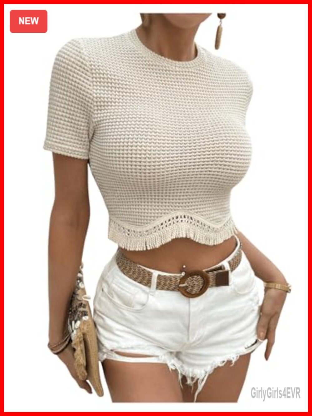Boho Fringe Crop T Shirt Waffle Knit Short Sleeve Womens Top